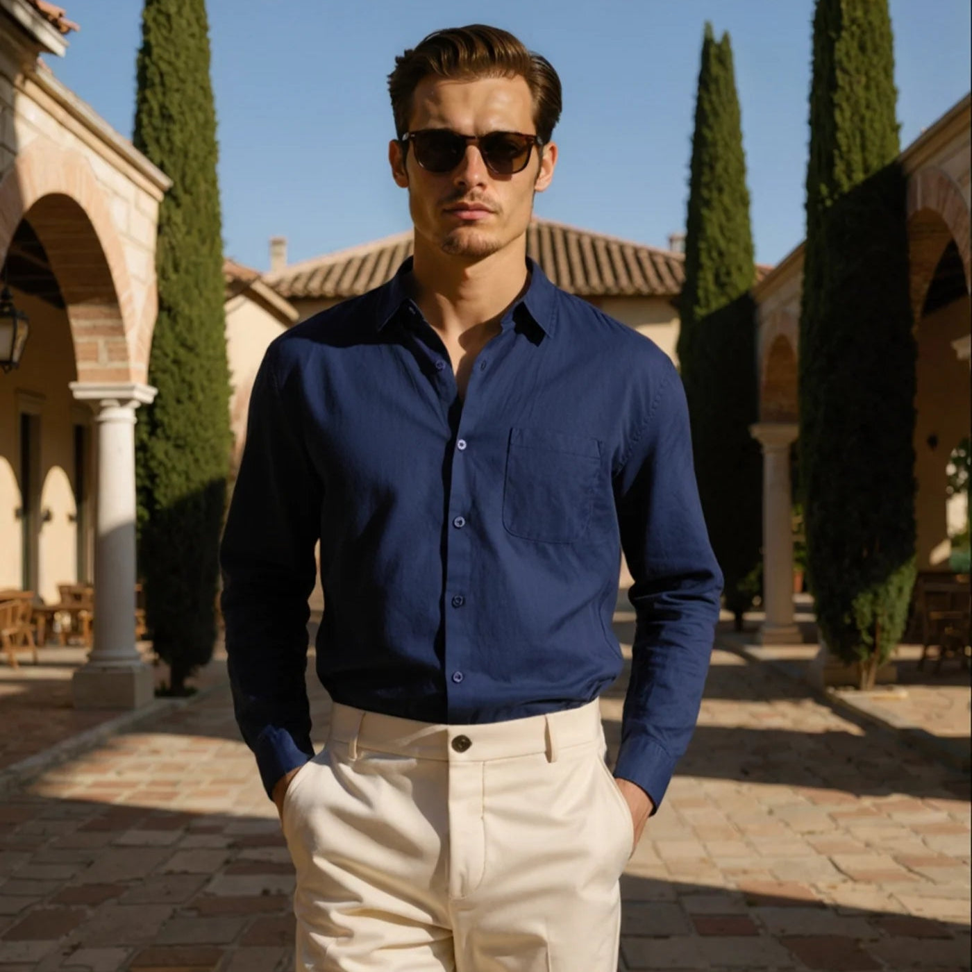 Camisa Masculina de Linho 100% Manga Longa Milford azul marinho