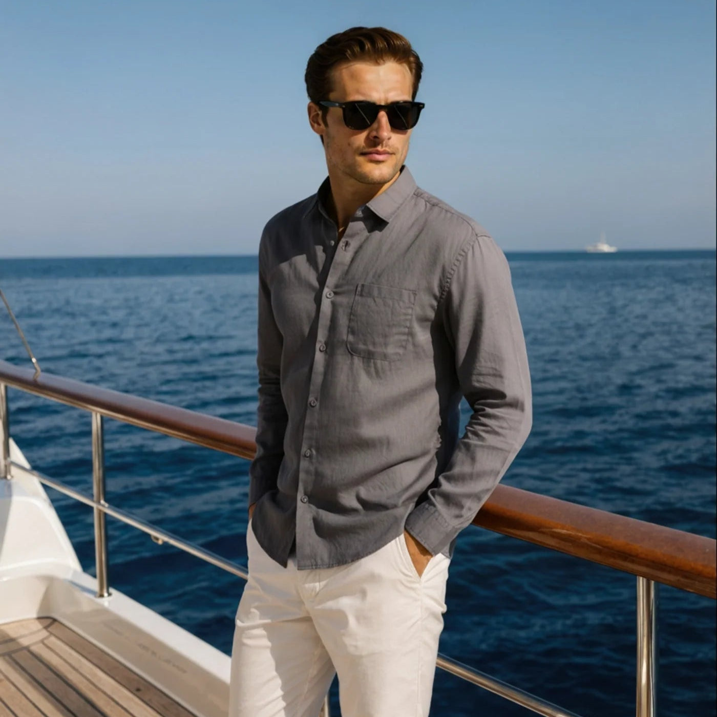 Camisa Masculina de Linho 100% Manga Longa Milford cinza