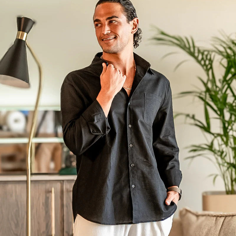 Camisa Masculina de Linho 100% Manga Longa Milford preto
