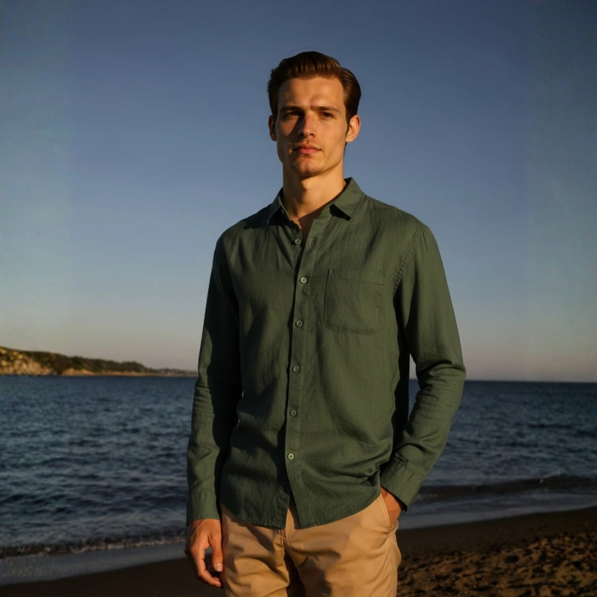 Camisa Masculina de Linho 100% Manga Longa Milford verde