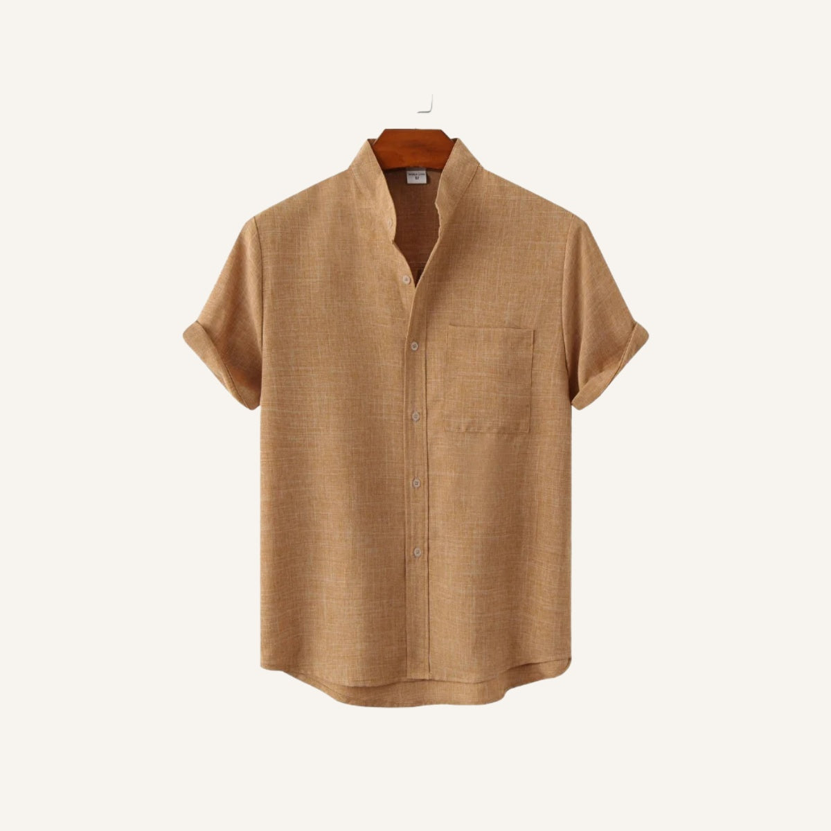 Camisa Casual Masculina Gola Padre Beaumont com bolso frontal marrom claro