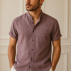 Camisa Casual Masculina Gola Padre Beaumont com bolso frontal roxo
