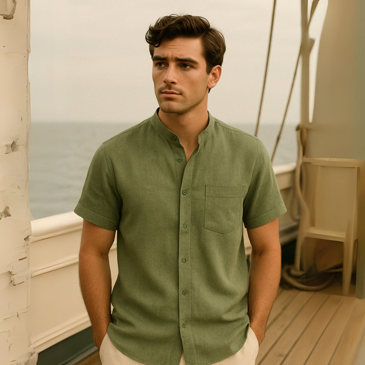 Camisa Casual Masculina Gola Padre Beaumont com bolso frontal verde 5