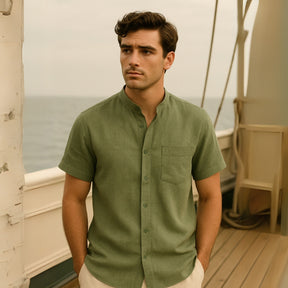 Camisa Casual Masculina Gola Padre Beaumont com bolso frontal verde 5
