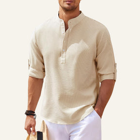 Camisa Masculina Gola Padre Casual Old Money Ascot bege 