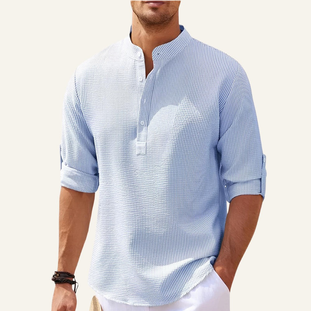 Camisa Masculina de Linho Listrada Old Money Ascot Azul Clara