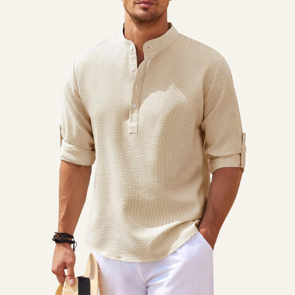 Camisa Masculina de Linho Listrada Old Money Ascot Bege