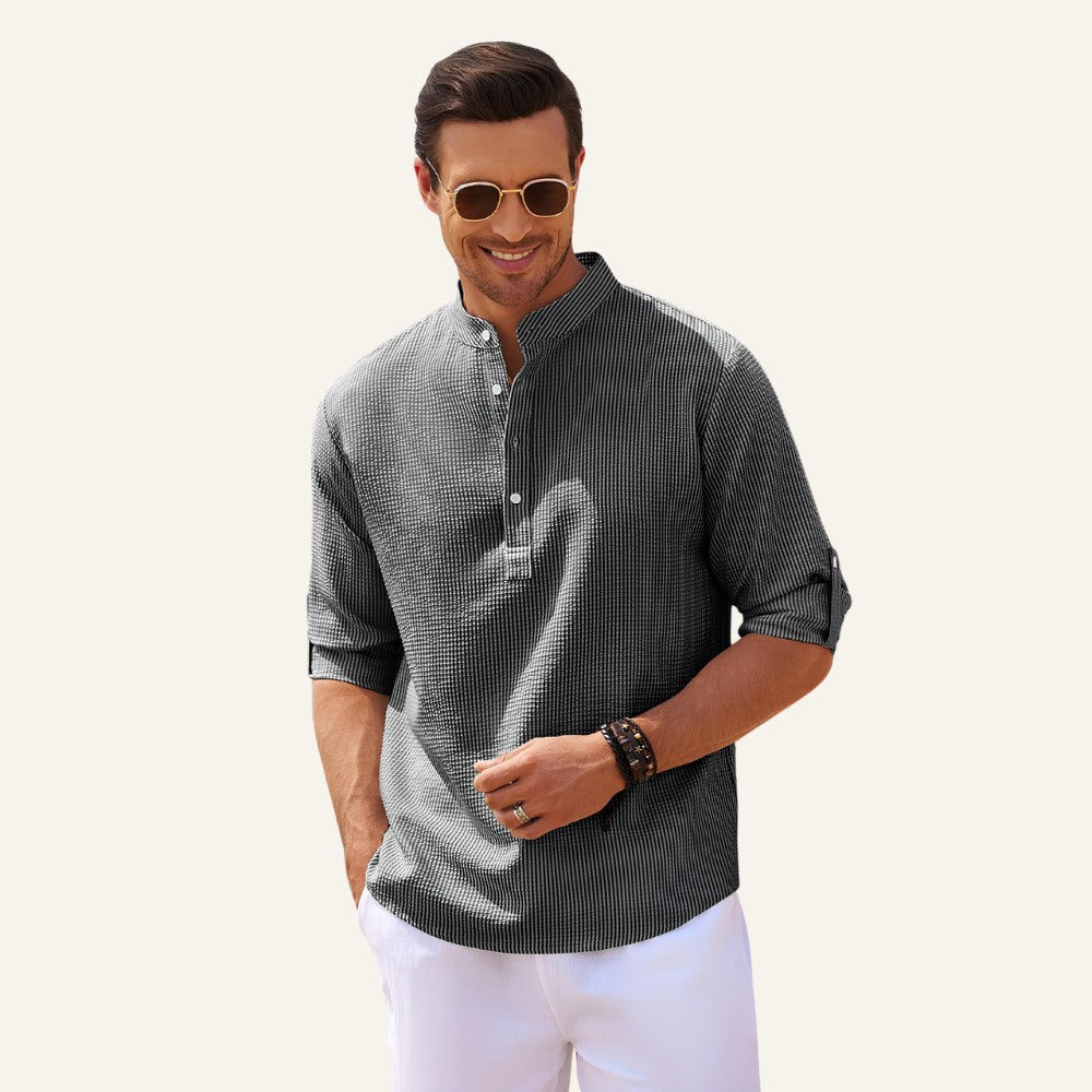 Camisa Masculina de Linho Listrada Old Money Ascot Cinza