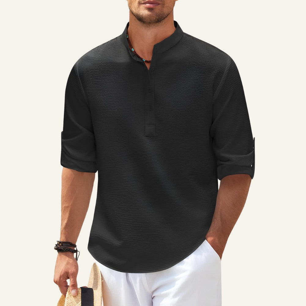 Camisa Masculina de Linho Listrada Old Money Ascot Preta
