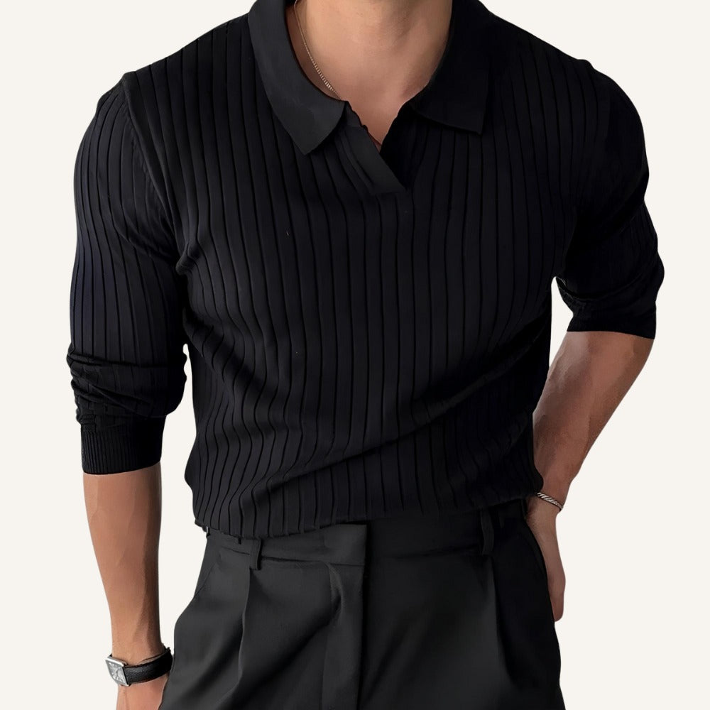 Camisa Polo Canelada Manga Longa Old Money Nazionale preta