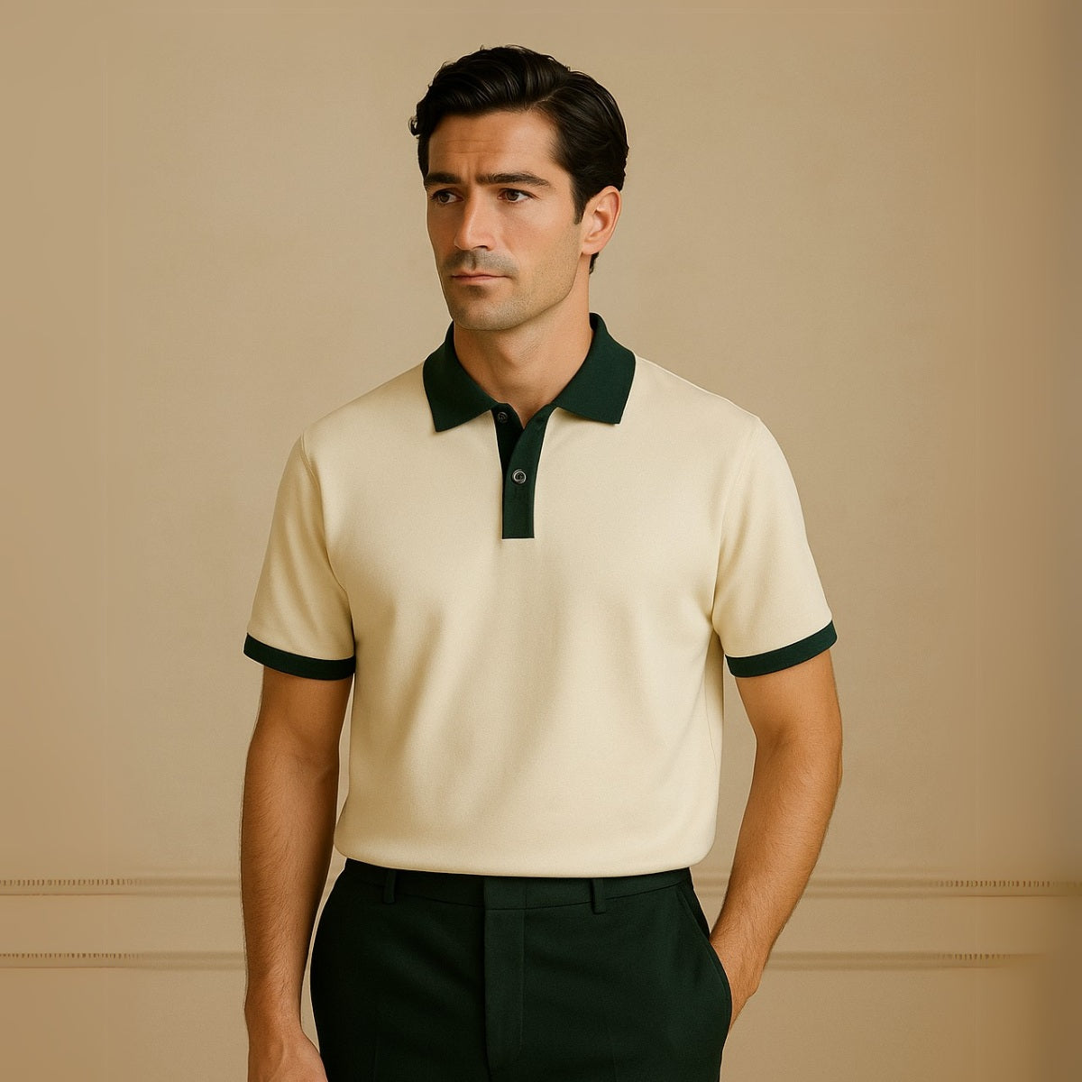 Camisa Polo Lisa de Algodao Vittore Off White e verde