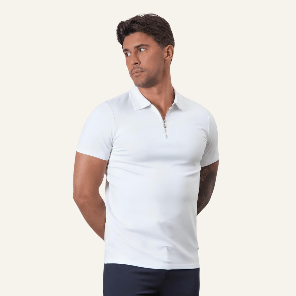 Camisa Polo Masculina Old Money com Meio Zíper Perion Branco