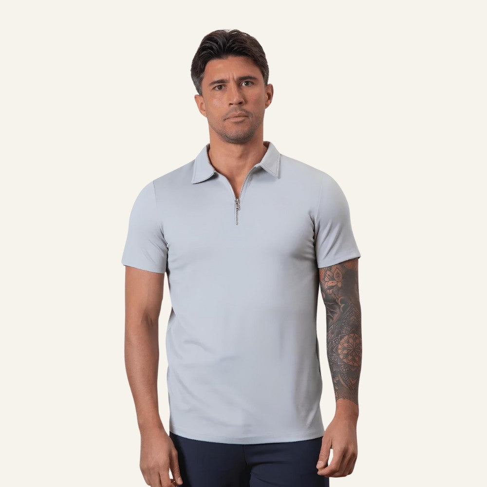 Camisa Polo Masculina Old Money com Meio Zíper Perion Cinza Claro