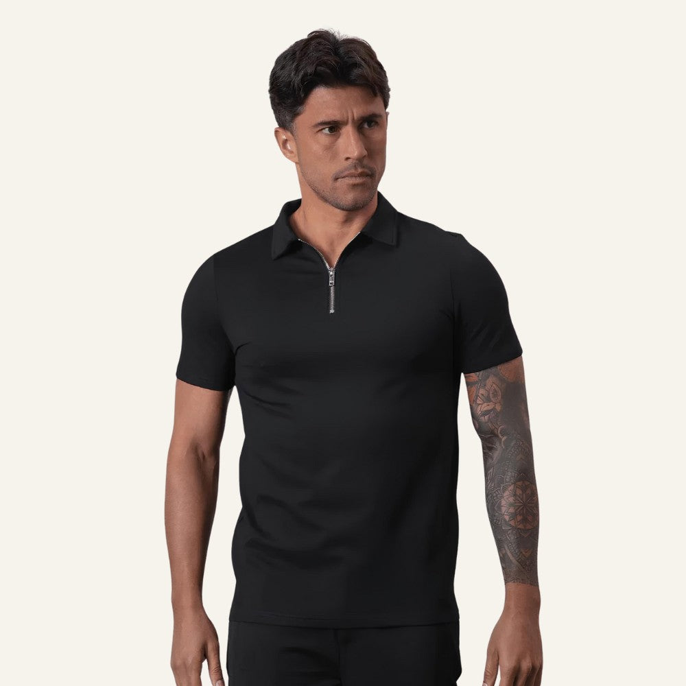 Camisa Polo Masculina Old Money com Meio Zíper Perion Preta
