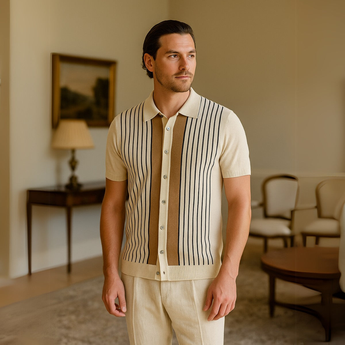 Camisa Polo de Trico Listrada Montelle Creme