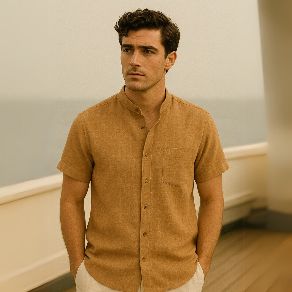 Camisa lisa de linho Beaumont com bolso frontal marrom claro