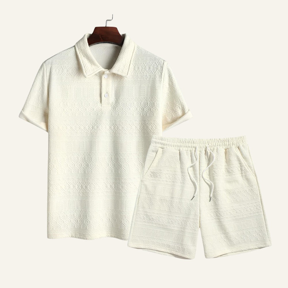 Conjunto Masculino Camisa Polo Short Old Money Jacquard Geometrik Bege