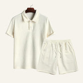Conjunto Masculino Camisa Polo Short Old Money Jacquard Geometrik Bege
