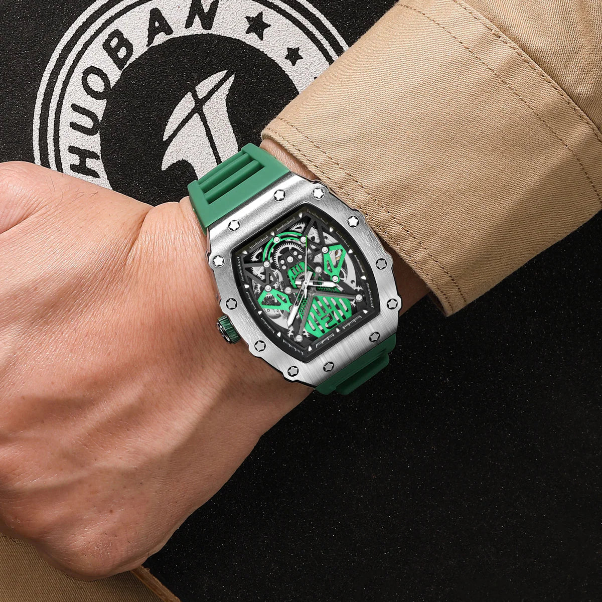 Relógio Masculino Luxo Skeleton Verde