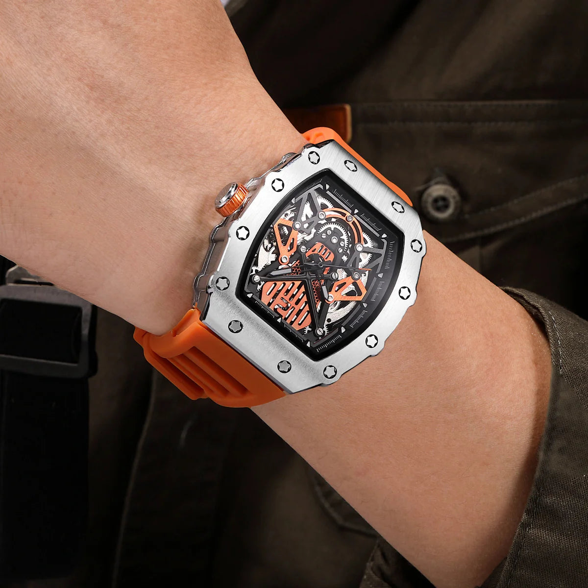 Relógio Masculino Luxo Skeleton Laranja