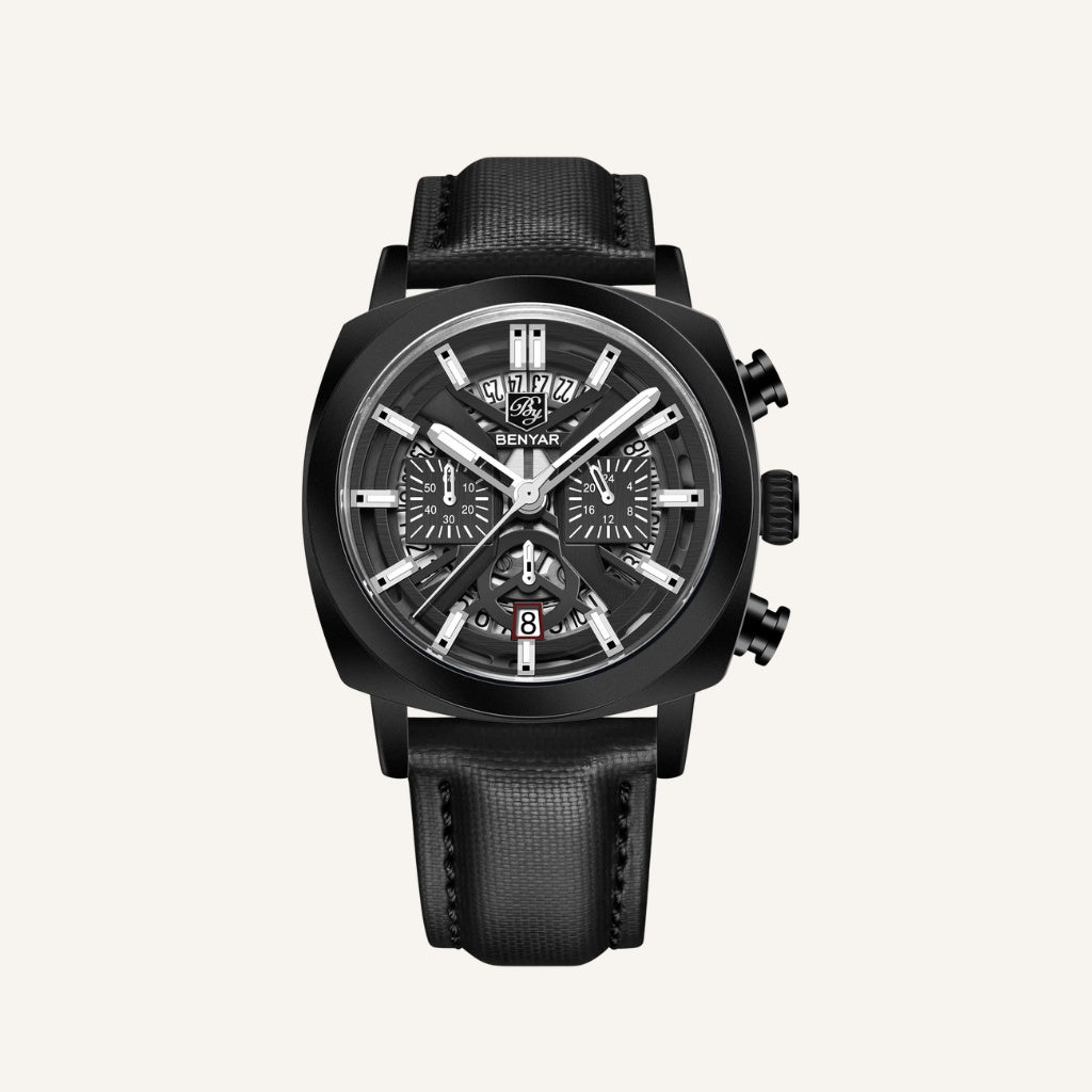 Relógio de Couro Masculino Benyar Luxe preto e preto