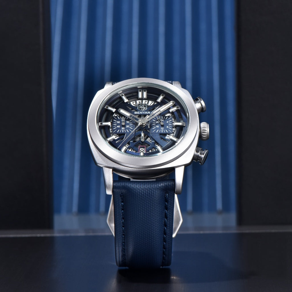 Relogio de Couro Masculino Benyar Luxe azul e prata