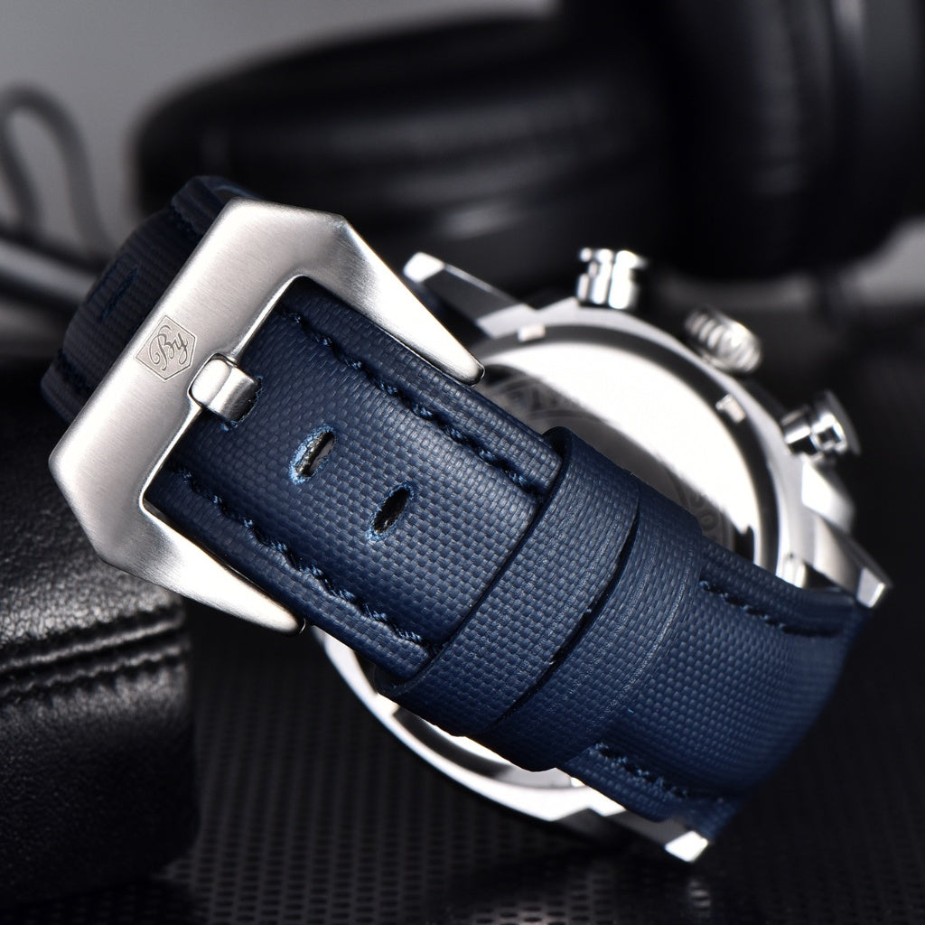 Relogio de Couro Masculino Benyar Luxe azul e prata