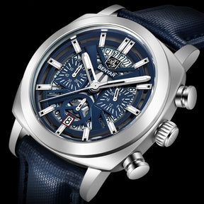 Relogio de Couro Masculino Benyar Luxe azul e prata