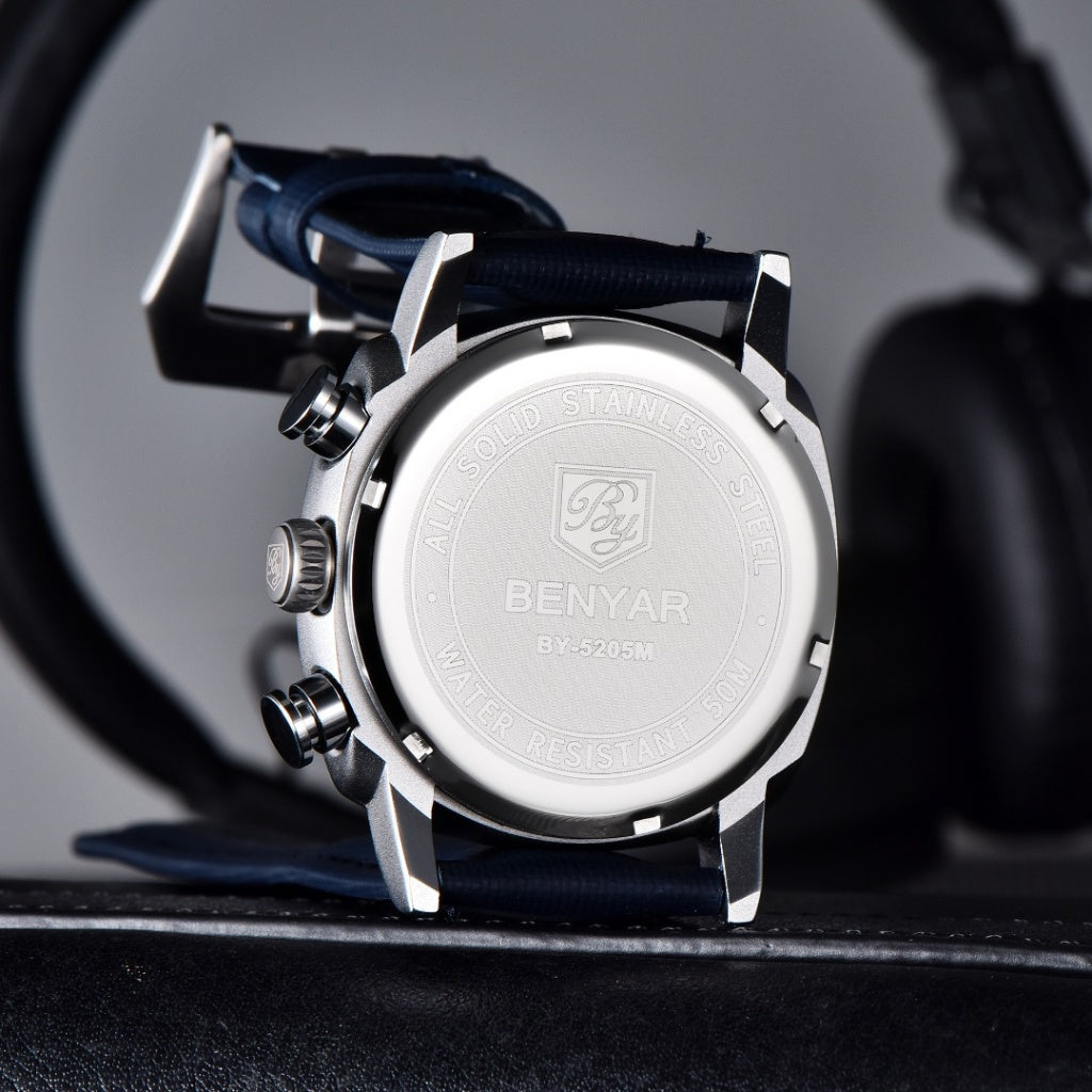 Relogio de Couro Masculino Benyar Luxe azul e prata