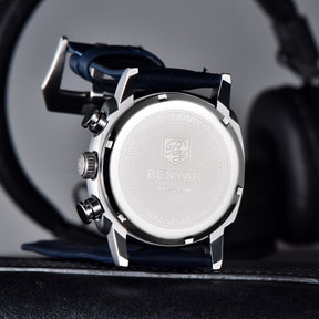 Relogio de Couro Masculino Benyar Luxe azul e prata