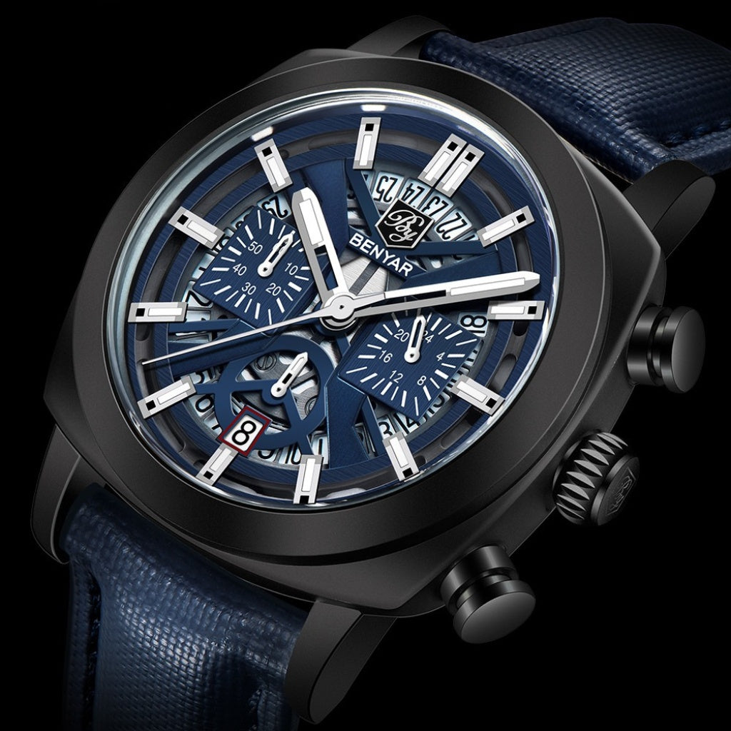 Relogio de Couro Masculino Benyar Luxe azul e preto