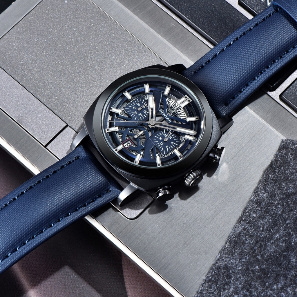 Relogio de Couro Masculino Benyar Luxe azul e preto