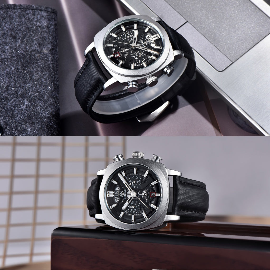 Relogio de Couro Masculino Benyar Luxe preto e prata