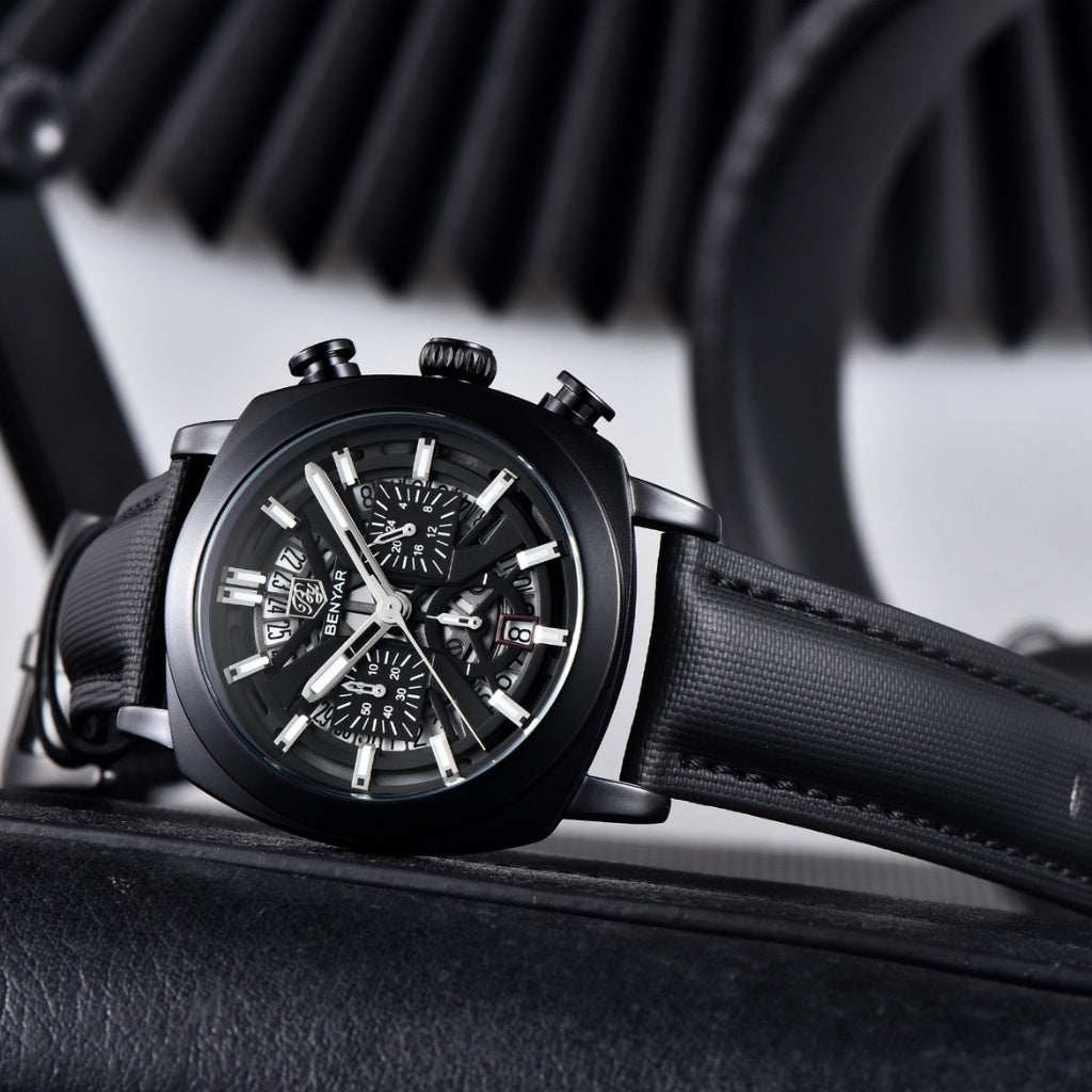 Relogio de Couro Masculino Benyar Luxe preto e preto