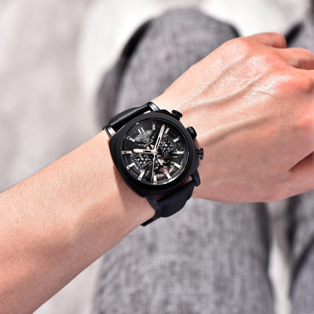 Relogio de Couro Masculino Benyar Luxe preto e preto