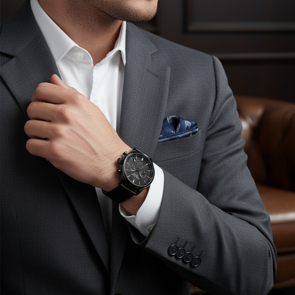 Relogio de Couro Masculino Preto Luxemiro all black