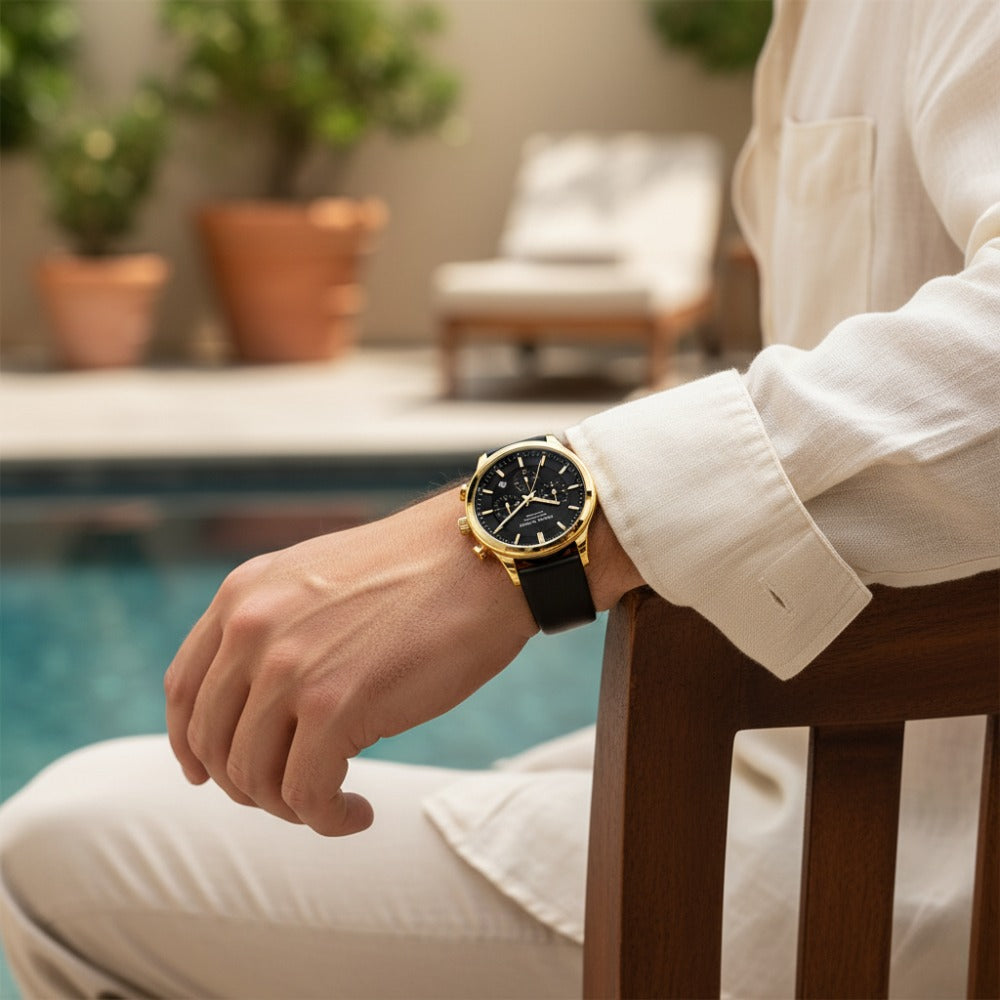 Relogio de Couro Masculino Preto Luxemiro preto e dourado