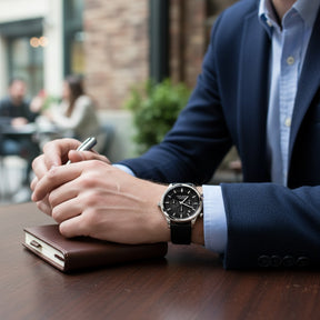 Relogio de Couro Masculino Preto Luxemiro preto e prata