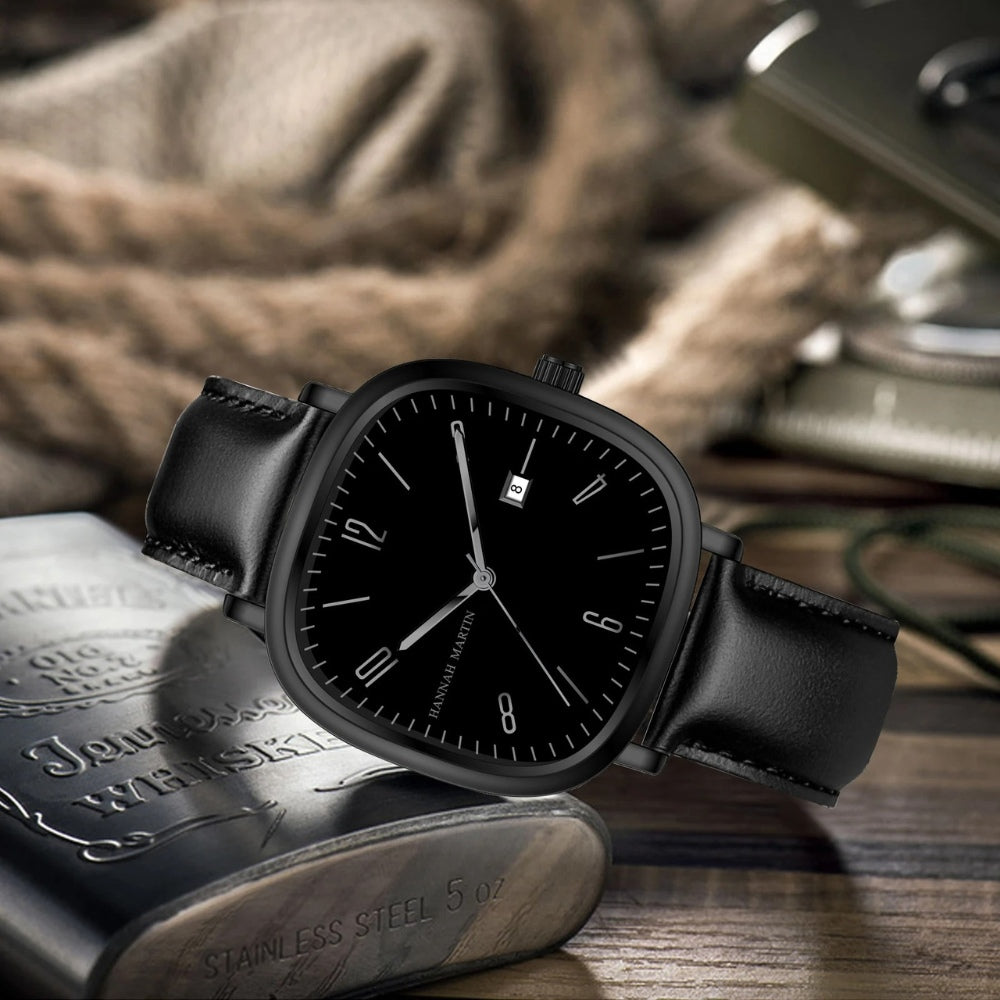 Relogio de Couro Masculino Quadrado Retro preto 