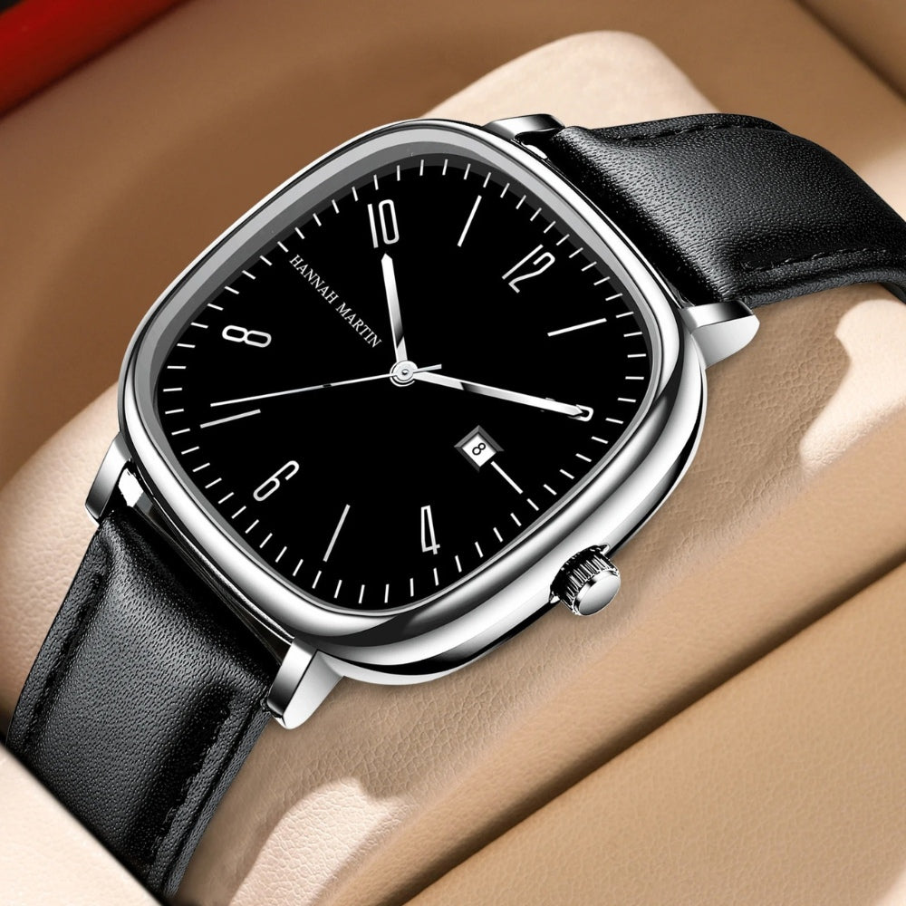 Relogio de Couro Masculino Quadrado Retro preto e prata