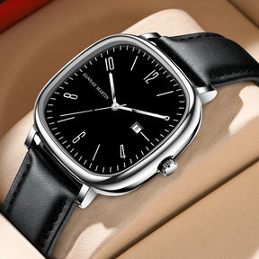 Relogio de Couro Masculino Quadrado Retro preto e prata