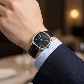 Relogio de Couro Masculino Quadrado Retro preto e prata