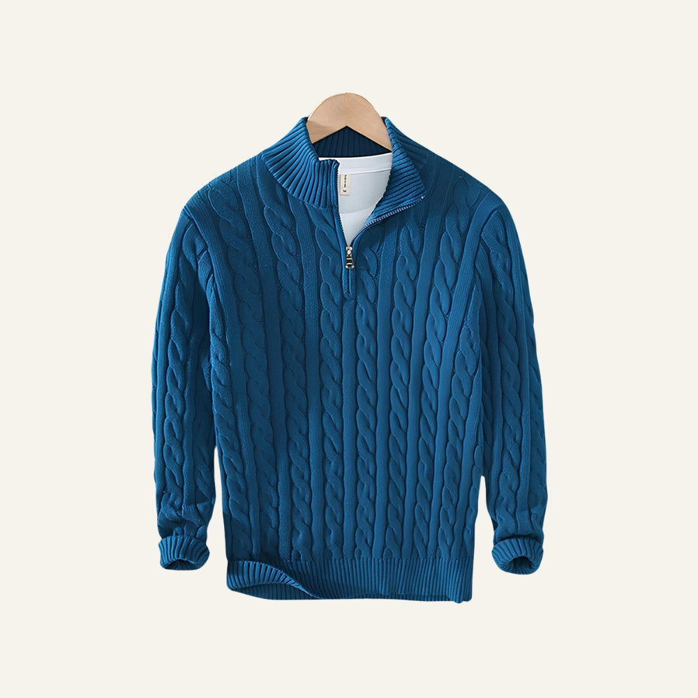 Suéter Masculino de Tricô Gola Alta Meio Zíper Fontaine Azul