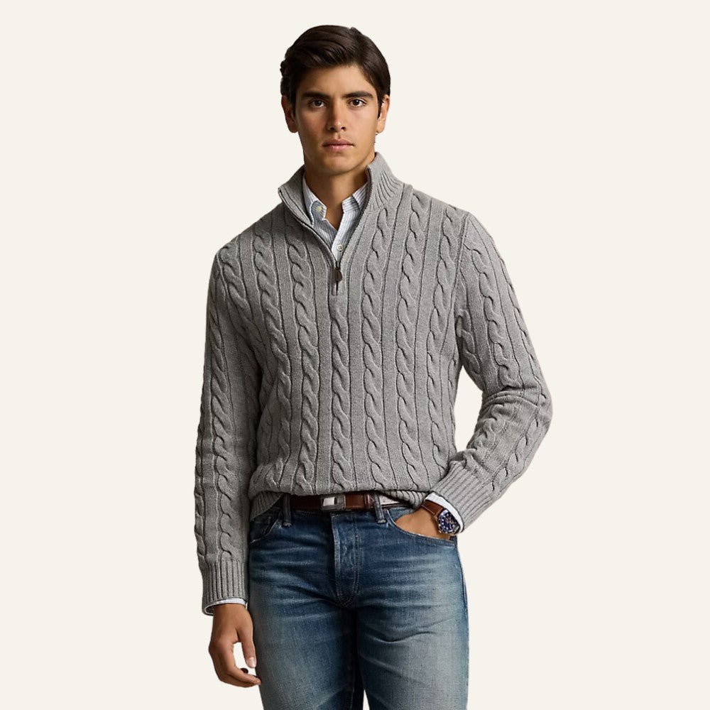 Suéter Masculino de Tricô Gola Alta Meio Zíper Fontaine Cinza 